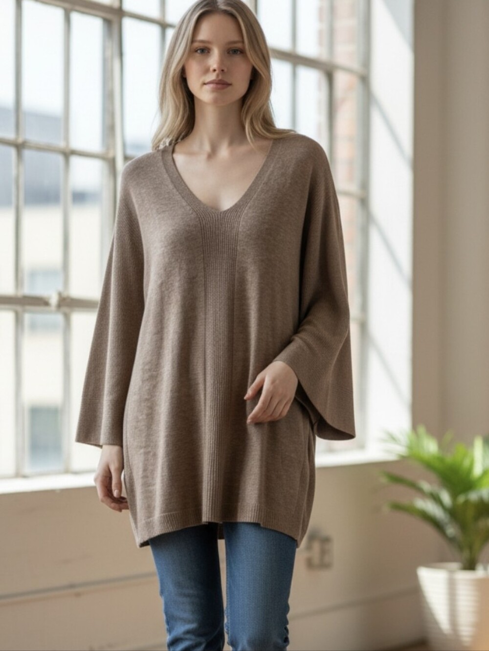 V-Neck Relaxed Tunic Sweater in Taupe